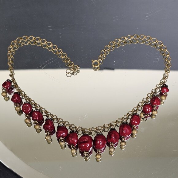 Vintage Dangle Bib 16" Necklace Gold Tone Red Maroon Beaded Choker Adjustable - Picture 8 of 9